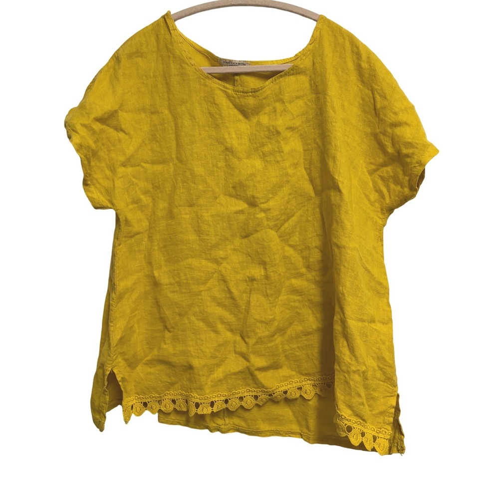Francesca Bettini Linen Lace Hem Top Yellow Short Sleeve Eyelet Italy L Large